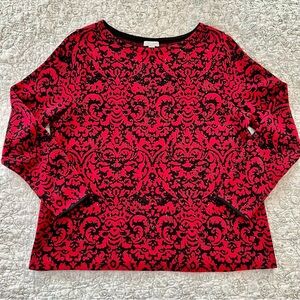 J. Jill Red & Black Damask Long Sleeve Sweater Bejeweled Holiday Sparkly Party